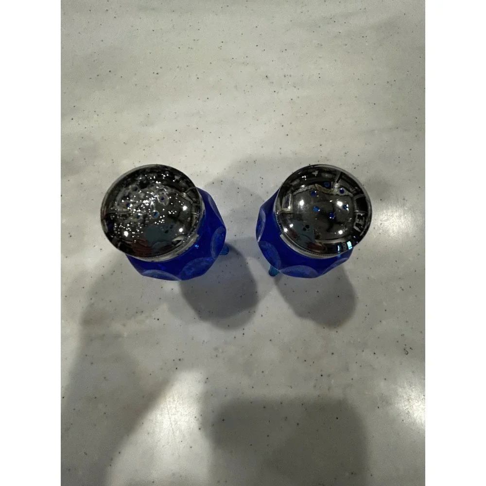 Vintage Cobalt Blue Glass Salt and Pepper Shakers Footed Thumbprint Pattern 4